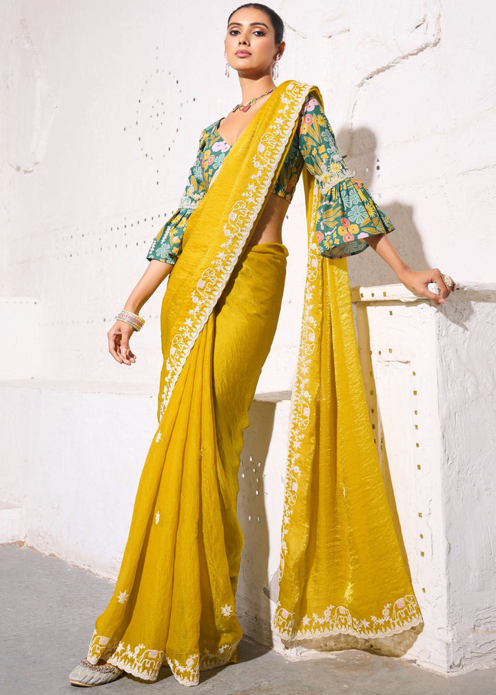 Saffron Yellow Gold Crush Tissue Silk Saree With Beautiful Blouse