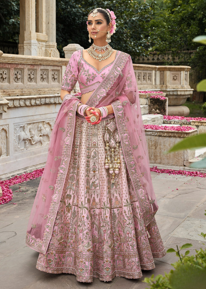 Pastel Pink Heavy Bridal Silk Lehenga With Khatli And Embroidery Work