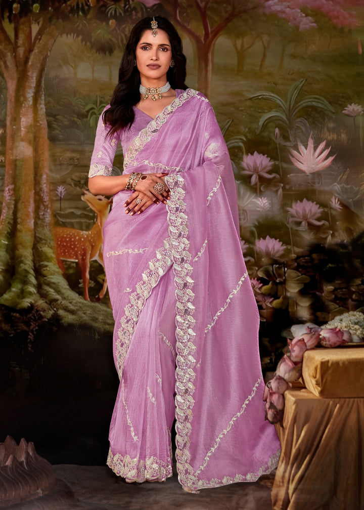 Lavender Saree With Embroidery And Handwork Designer Cut Border