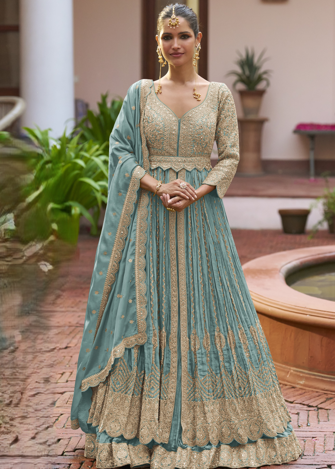 Turquoise Teal Chinon Salwar Suit