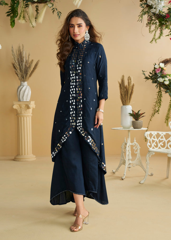Navy Blue Silk Palazzo Suit With Silver Mirror