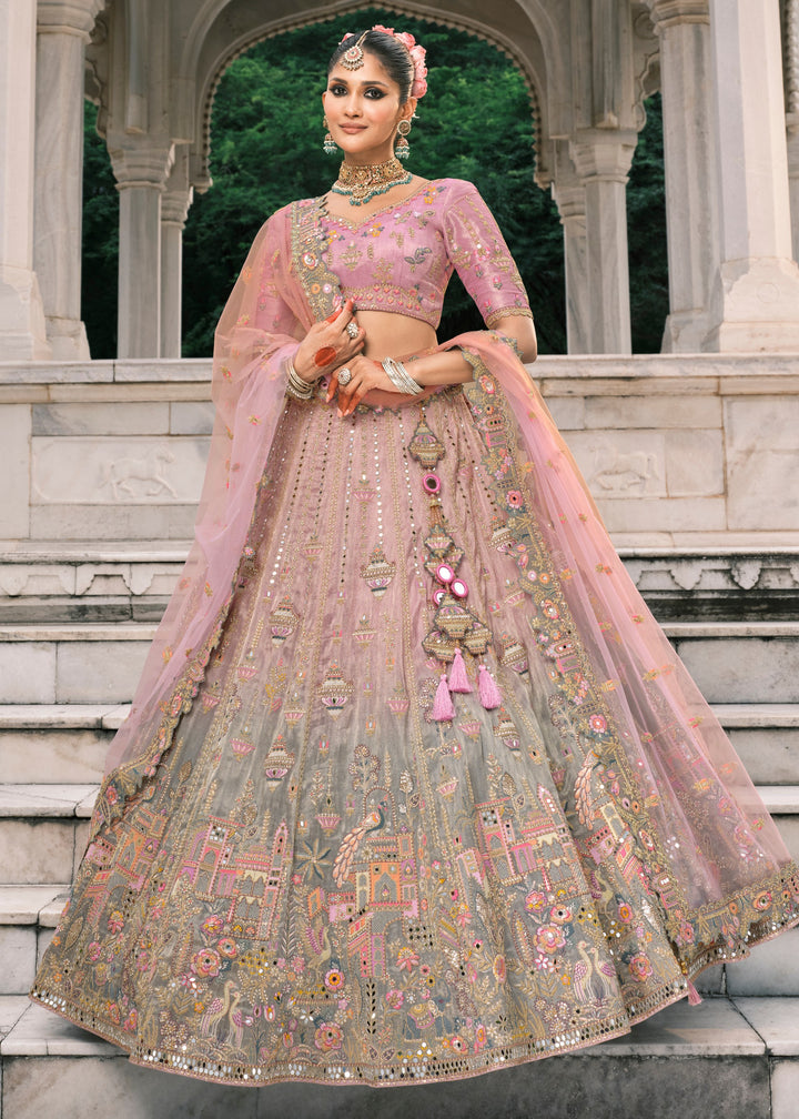 Pastel Pink Fancy Silk Lehenga Choli With Cut Work Embroidery Border & Stone Work