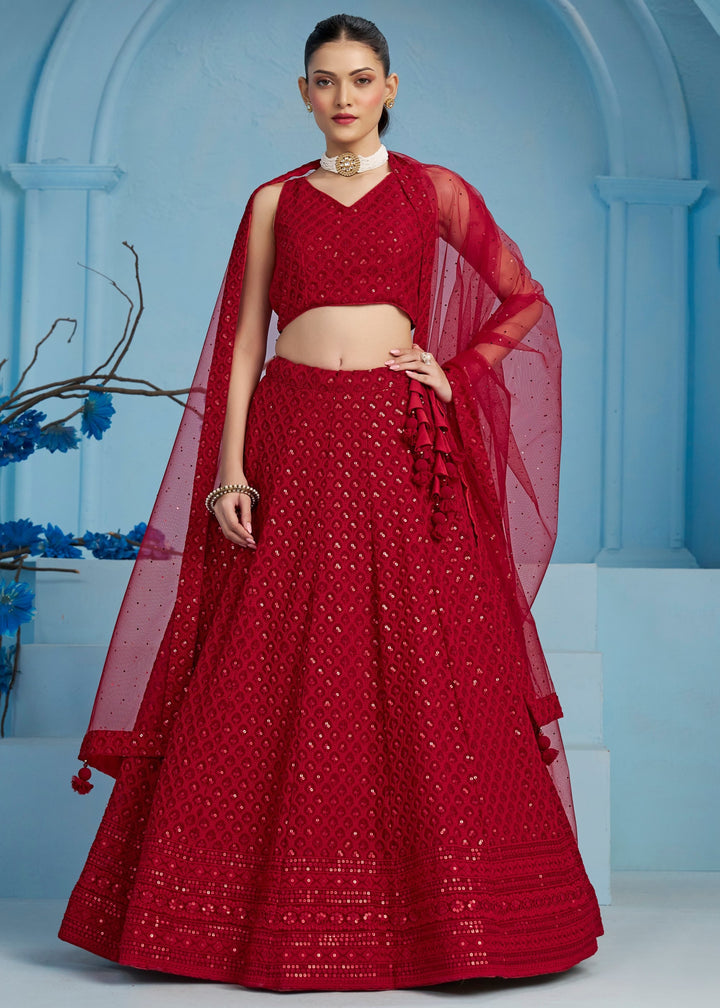 Red Georgette Lehenga With Sequins and Thread Embroidered Work