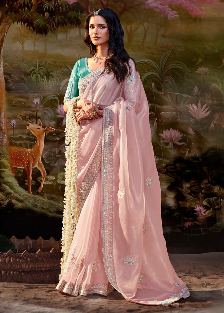 Aqua Green And Light Pink Saree With Embroidery And Handwork Designer Cut Border