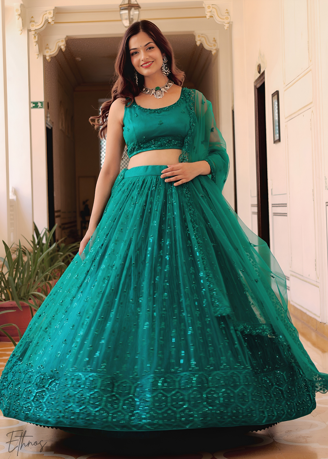 Teal Green Soft Net Lehenga Choli