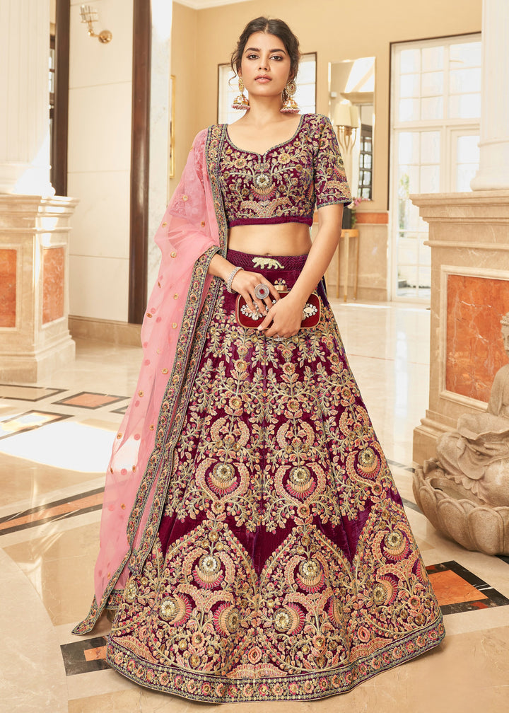 Maroon Red Velvet Lehenga Choli With Thread & Zari Embroidery Work