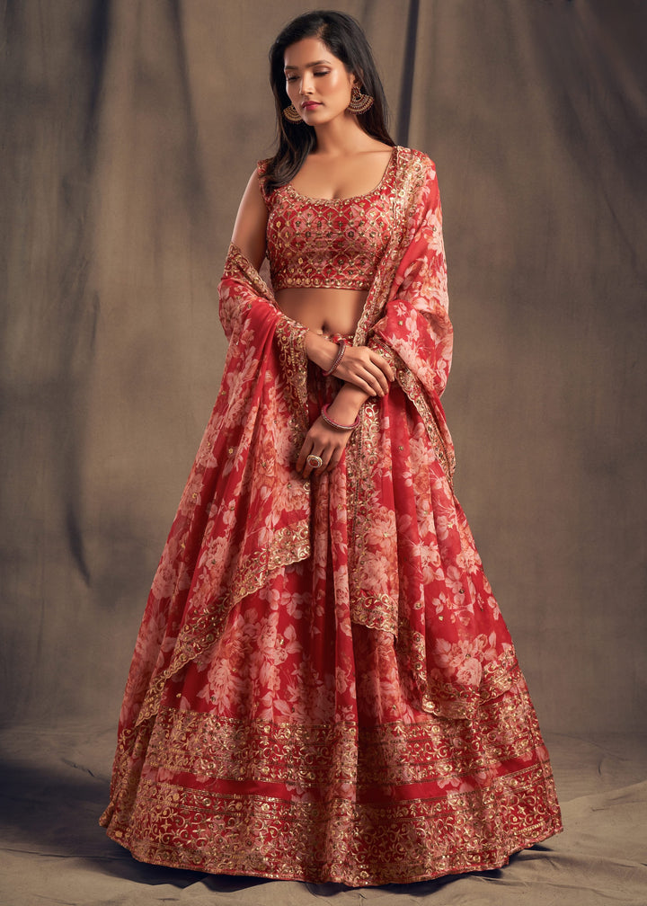 Red Organza Lehenga Sequins Zari Embroidery Work