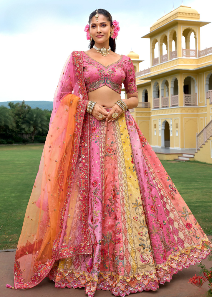 Peach Pink Ombre Silk Lehenga With Cut Work Border And Embroidery