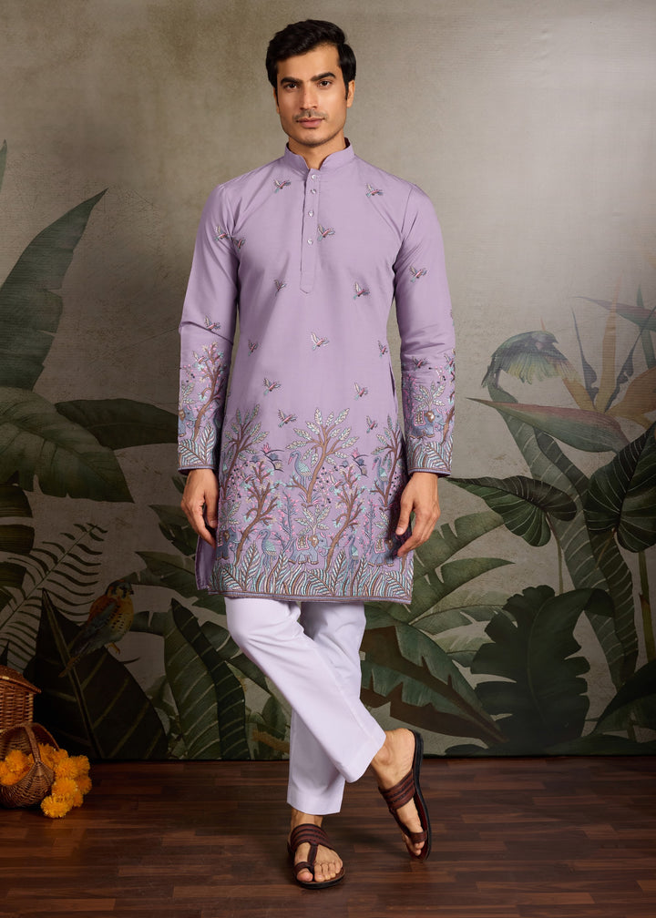 Soft Lavender Mens Silk Kurta with Pant