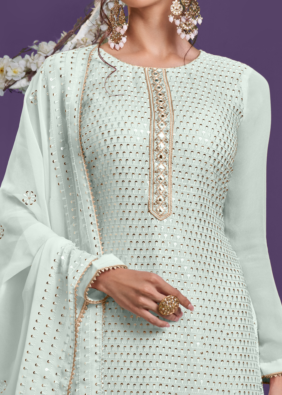 Light Coral Blue Georgette Sharara Suit with Thread, Sequins & Khatli work
