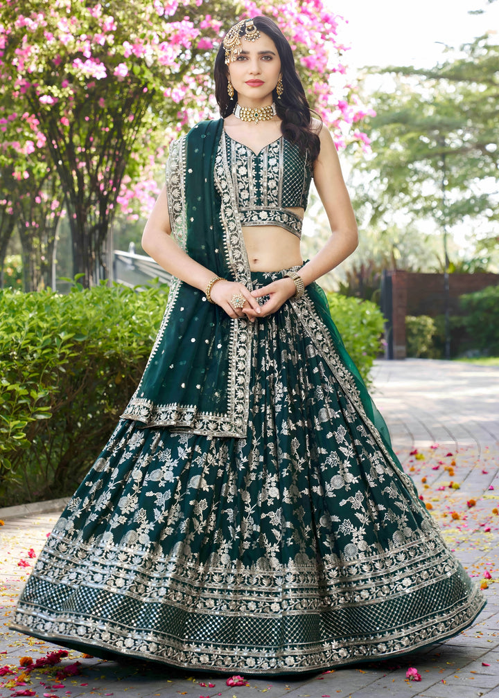 Green Sequins and Zari Embroidery Work Silk Lehenga