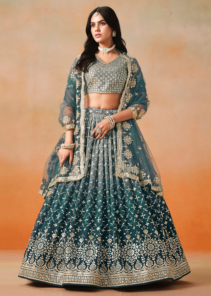 Dove Blue Sequins Zari Embroidered Work Georgette Lehenga