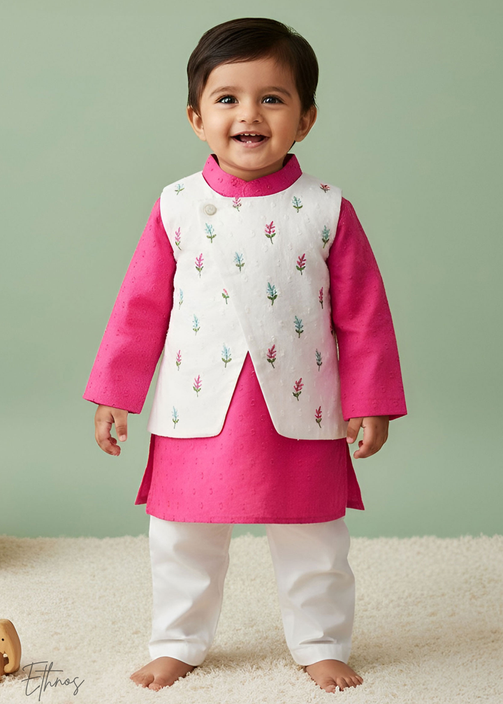 Organic Cotton Pink & White kurta Set with Jacket - Floral