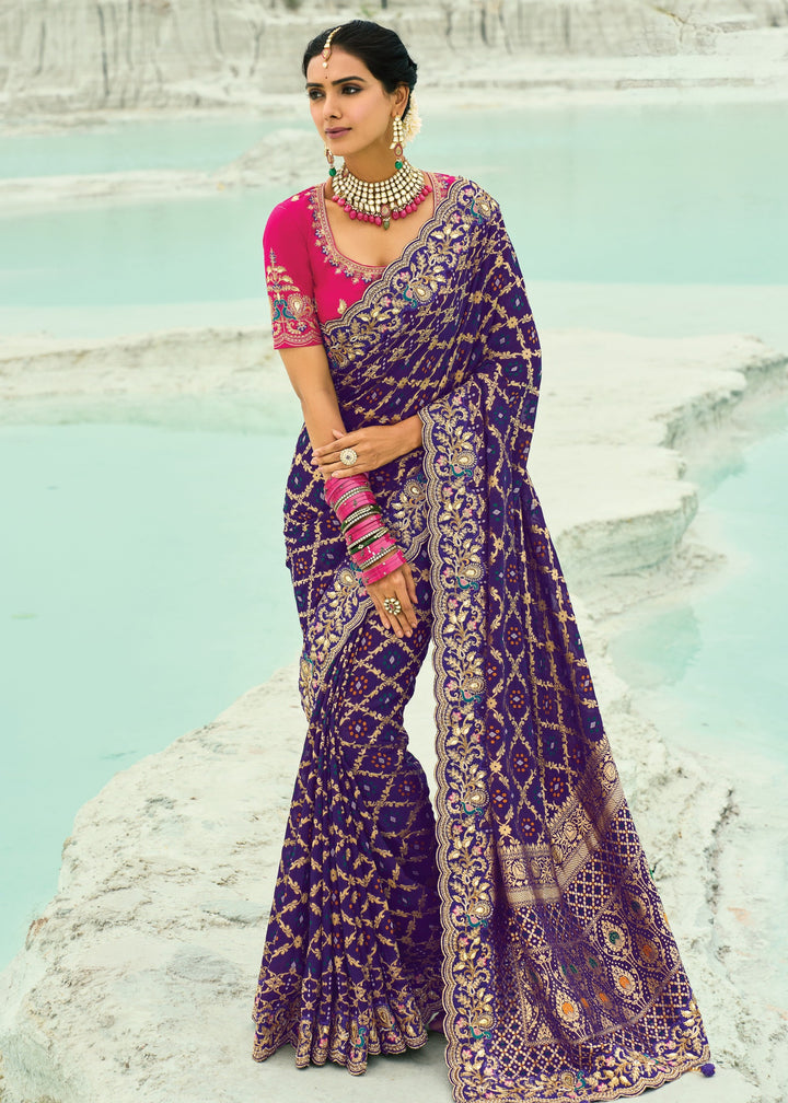 Purple Georgette Bandhej Saree With Moti & Cut-Dana Handwork Border