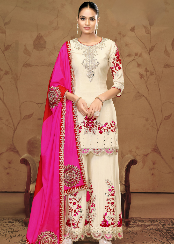 Ivory White Chinnon Silk Palazzo Suit