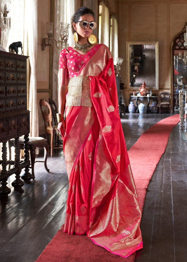 Bright Pink Two Tone Handloom Weaving Silk Saree