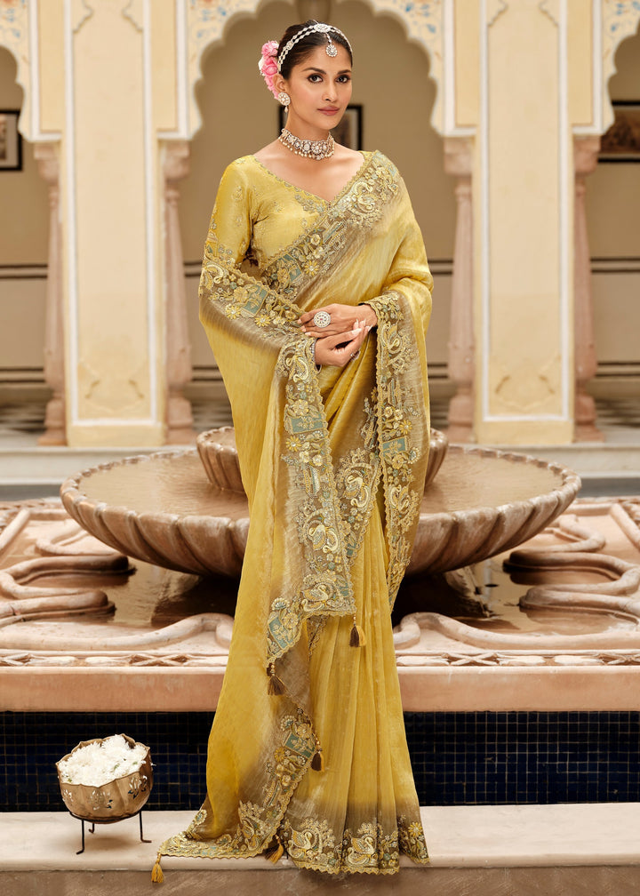Golden Yellow with Antique Gold embroidery Silk Saree
