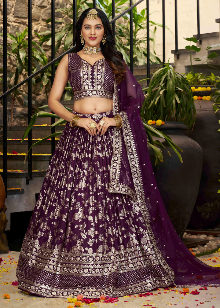 Wine Sequins and Zari Embroidery Work Silk Lehenga