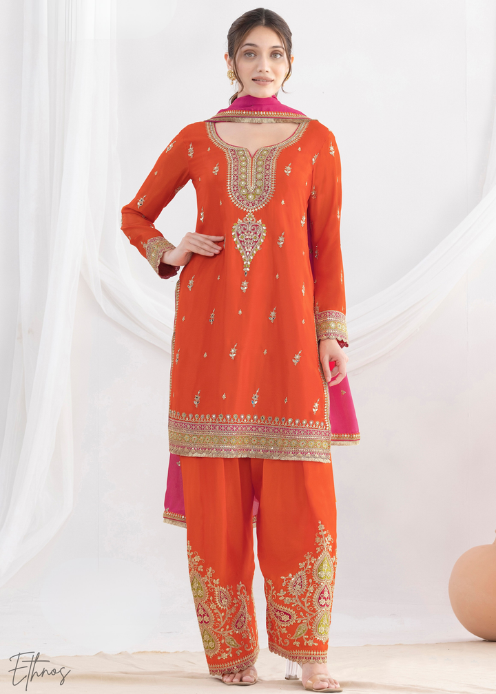 Pumpkin Orange Chinnon Silk Salwar Suit