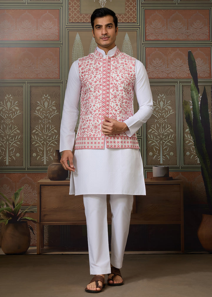 White Kurta And Pant With A Pink And White Embroidered Nehru Jacket