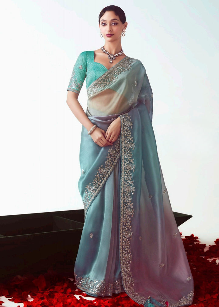 Turquoise Blue Fancy Fabric Silk Saree With Hand Embroidered Work And Cut Work Border