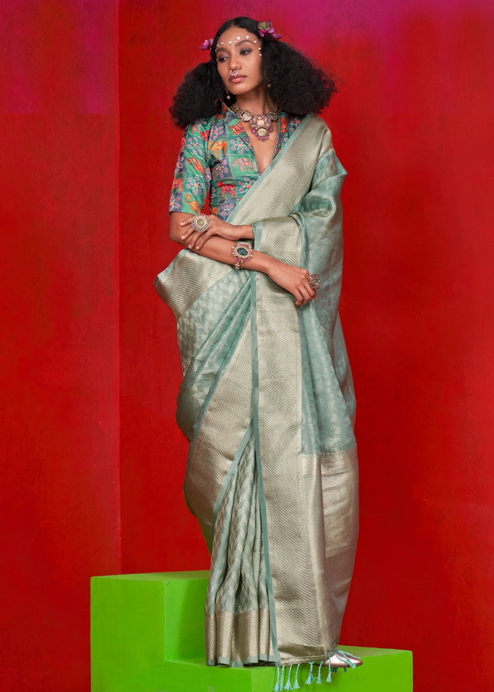 Sea Green Viscose Zari Tissue Silk Saree