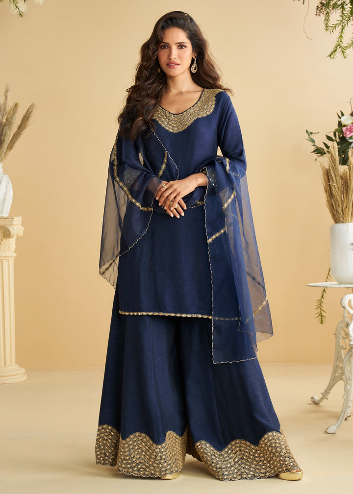 Deep Navy Blue Silk Palazzo Suit With Golden Detailing