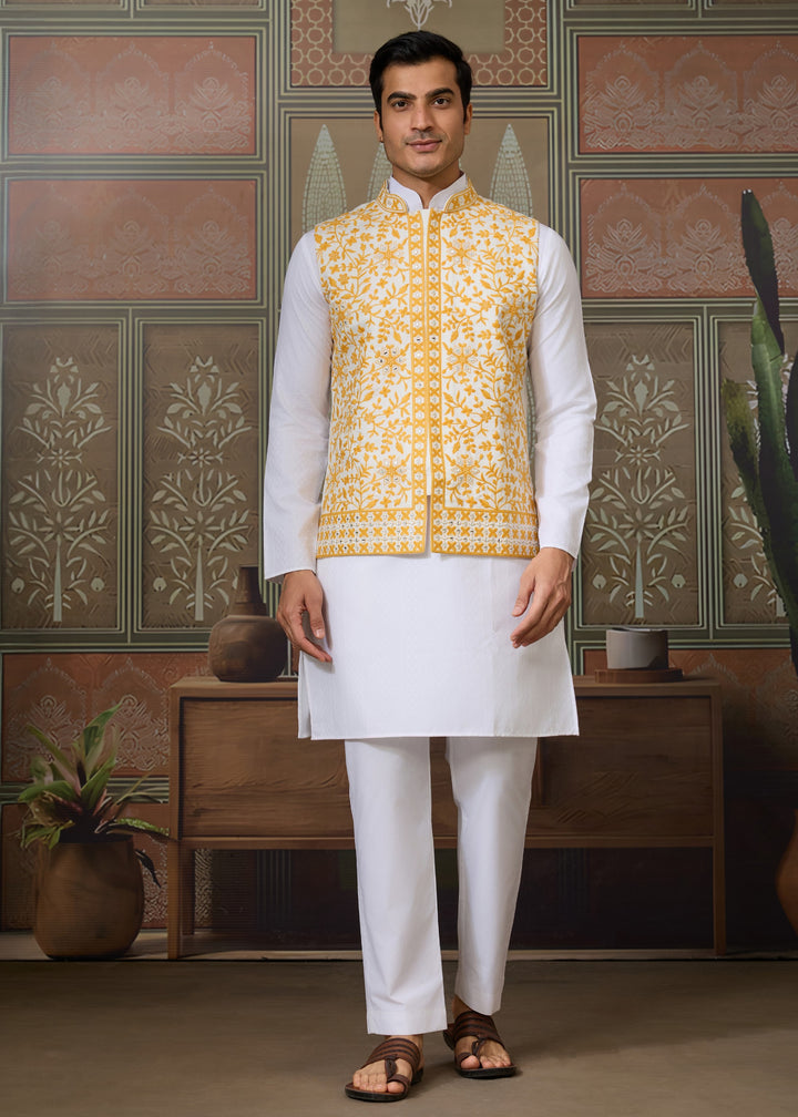 White Kurta And Pant With Sunflower Yellow Embroidered Nehru Jacket