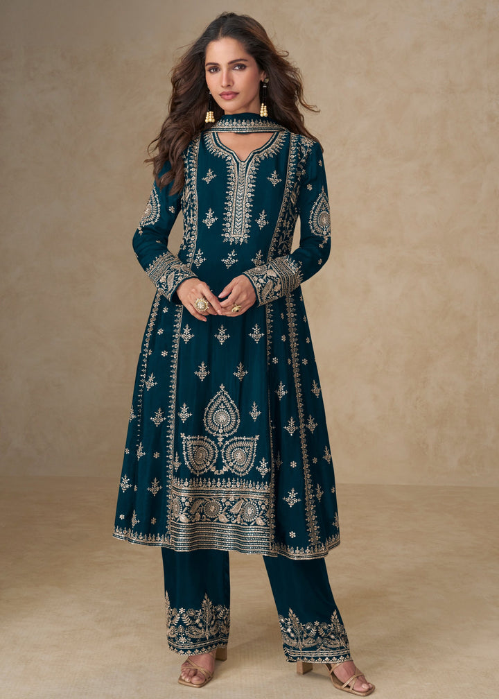 Aegean Blue Chinon Silk Suit With Embroidery Work