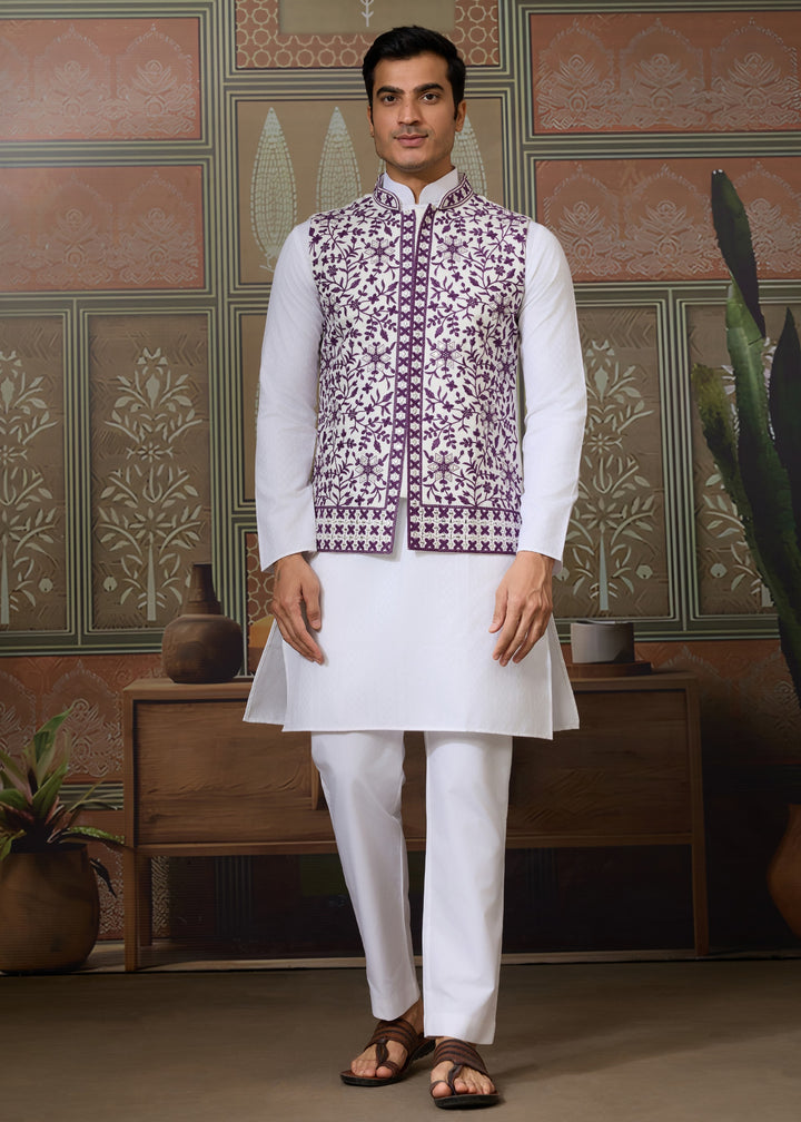 White Kurta And Pant With A Deep Plum And White Embroidered Nehru Jacket