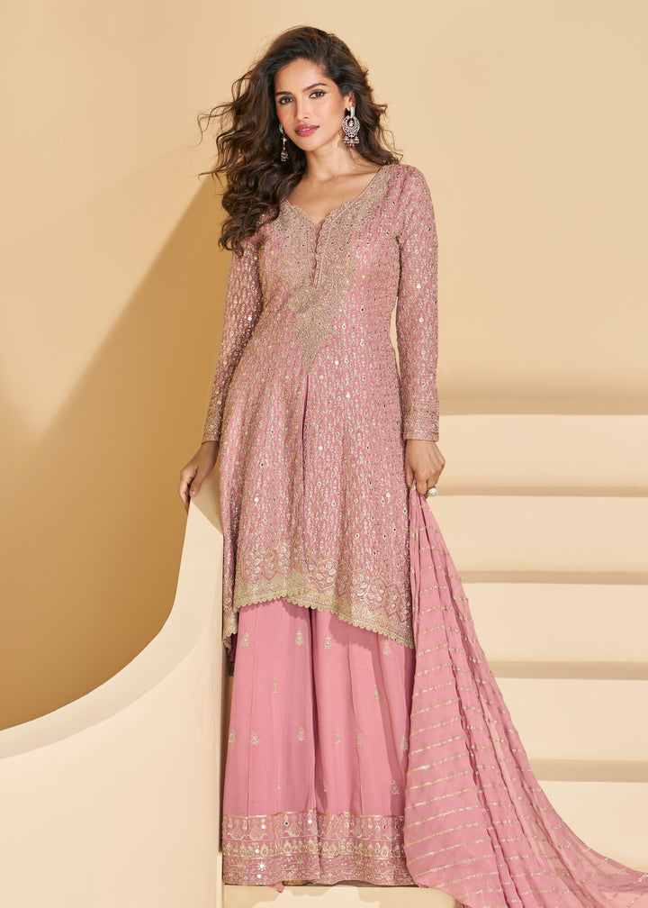 Blush Pink Georgette Plazo Suit With Hand Seroski And Embroidered Work