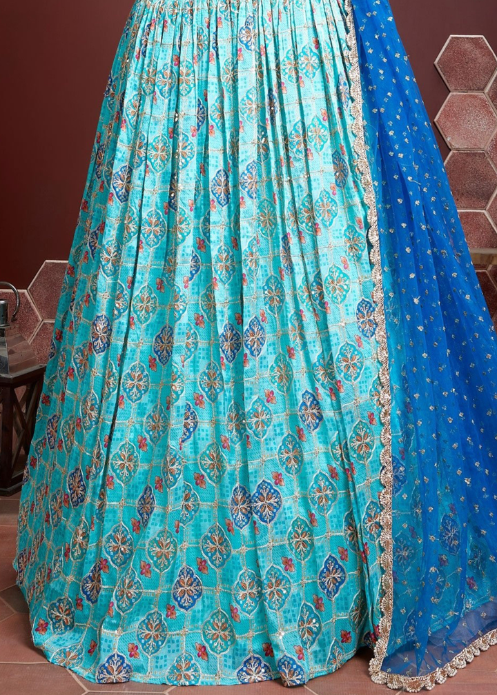Shades Of Blue Floral Printed Chinon Silk Lehenga Choli with Embroidery & Mirror work