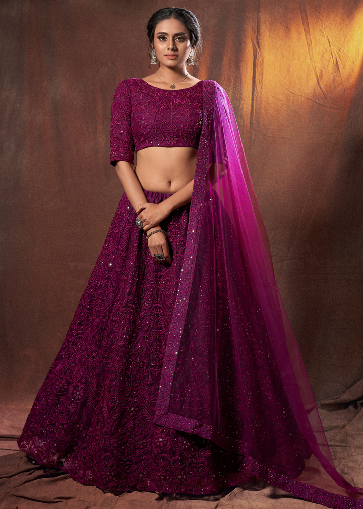 Wine Purple Designer Soft Net Lehenga Choli with Thread & Sequins work