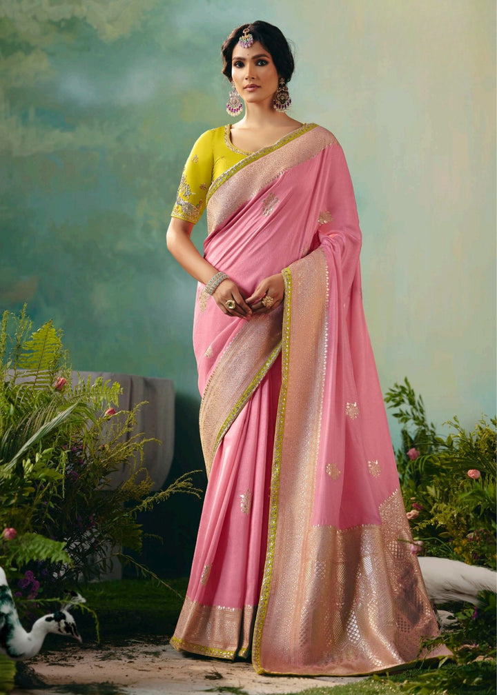 Baby Pink Pure Viscose Dola Silk Saree with Zari Weaving & Embroidered Blouse