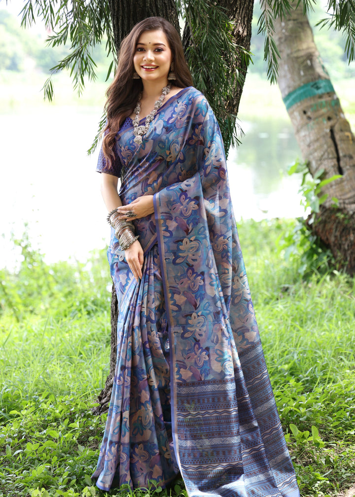 Blue Flower Printed Design Cotton Silk Saree With Printed Pallu