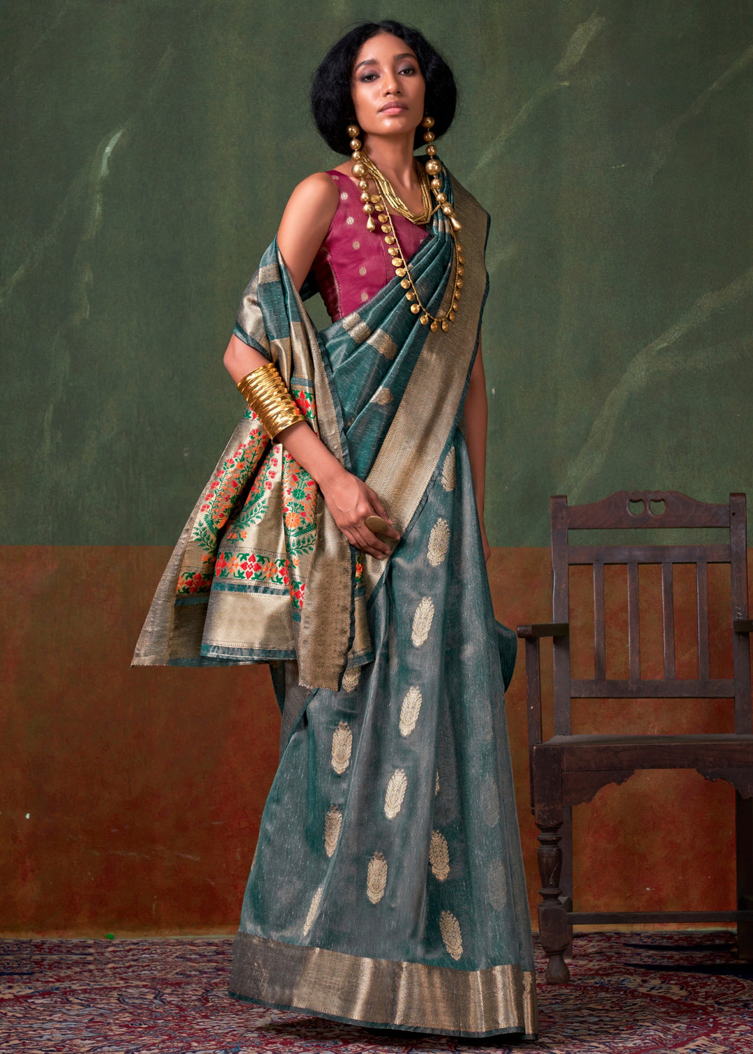 Persian Blue Paithani Tissue Silk Saree With Zari Work