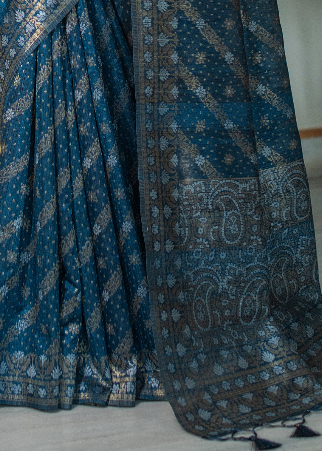 Prussian Blue Zari Woven Tussar Silk Saree with Tassels on Pallu