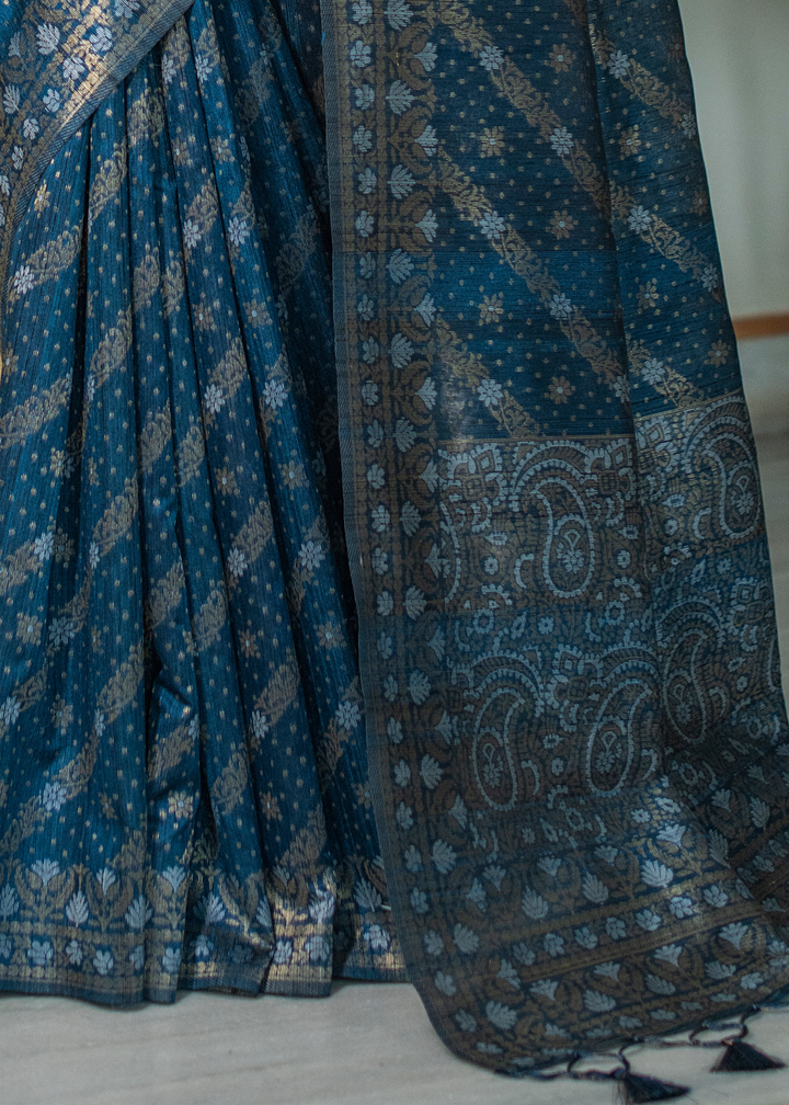 Prussian Blue Zari Woven Tussar Silk Saree with Tassels on Pallu
