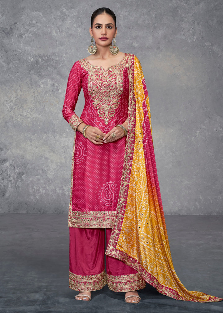 Fuchsia Pink Chinon Salwar Suit with Yellow–Orange Dupatta