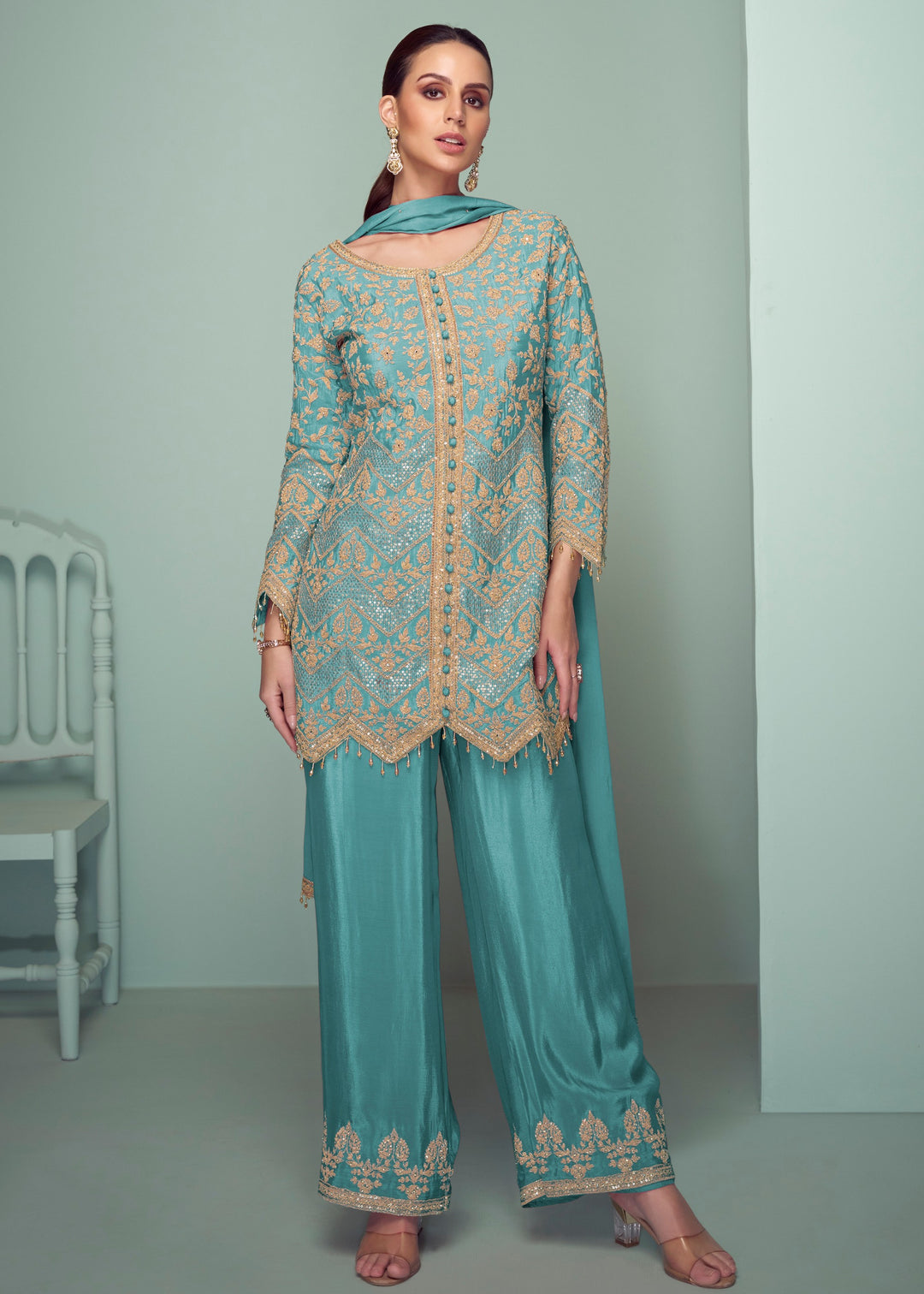 Sky Blue Chinnon Silk Plazo Suit With Thread Embroidery