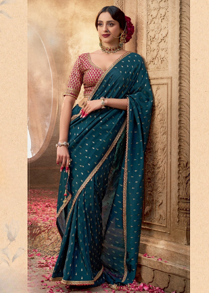 Teal Pure Viscous Crepe based fabric with Hand dying & Butti weaving Saree