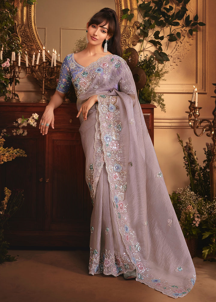 Lilac / Lavender Grey Tissue Organza Saree With Heavy Embroidery