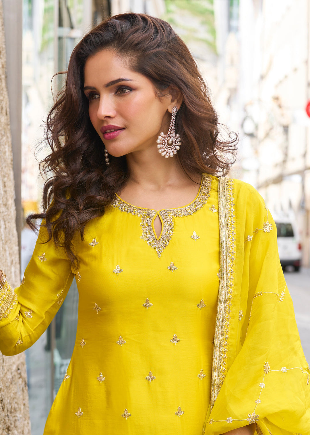 Pineapple Yellow Chinon SIlk Palazzo Suit With Embroidered Work : Top Pick