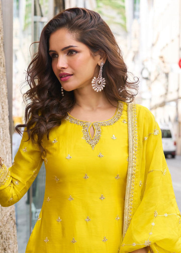 Pineapple Yellow Chinon SIlk Palazzo Suit With Embroidered Work : Top Pick