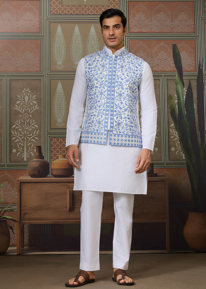 White Kurta And Pant With Soft Powder Blue And White Embroidered Nehru Jacket