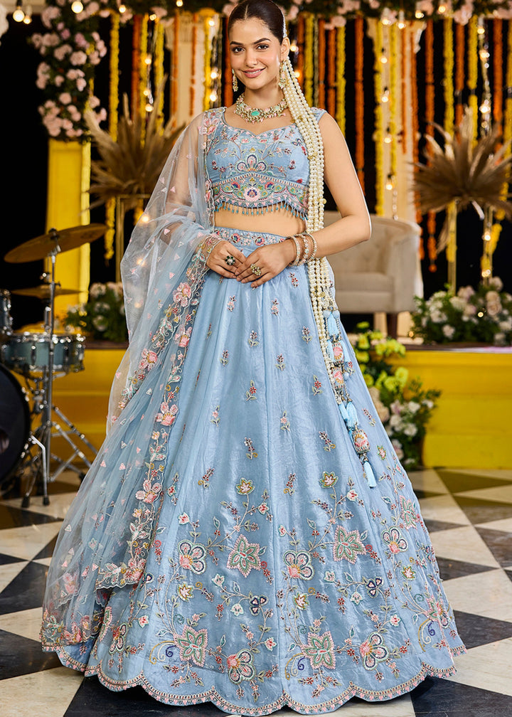 Sky Satin Silk Lehenga Choli with Sequinned Embroidered