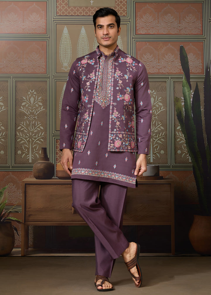 Purple Mens Wear Koti Style with Silk Kurta and Pajama