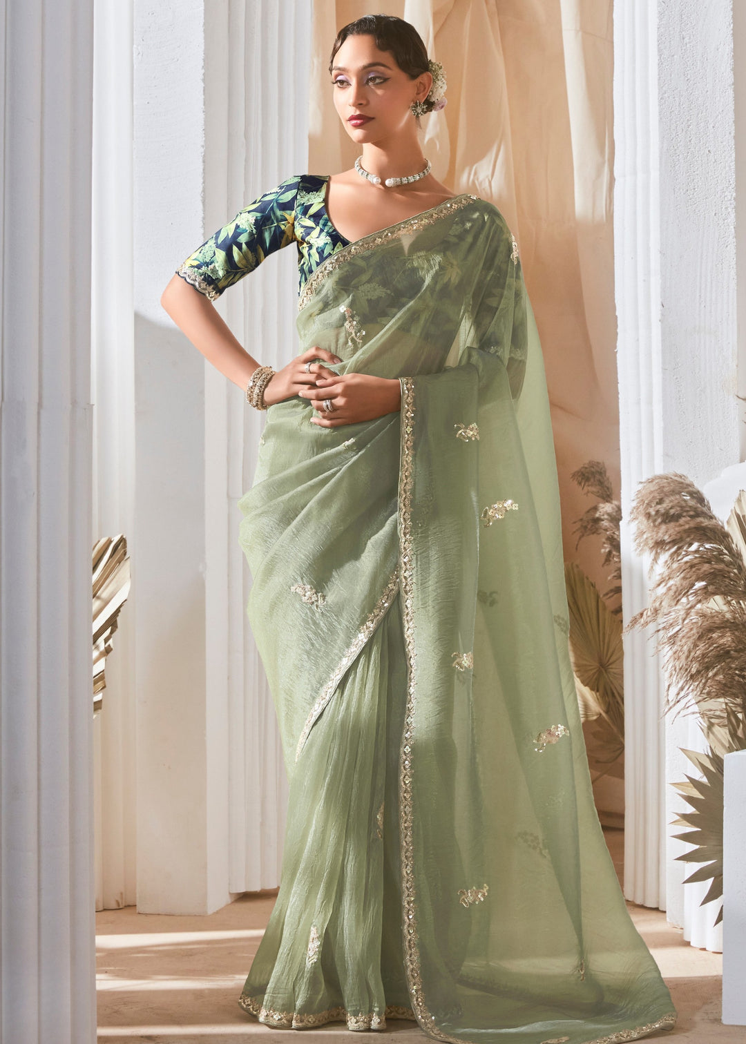 Mint Green Fancy Silk Saree With Printed Blouse