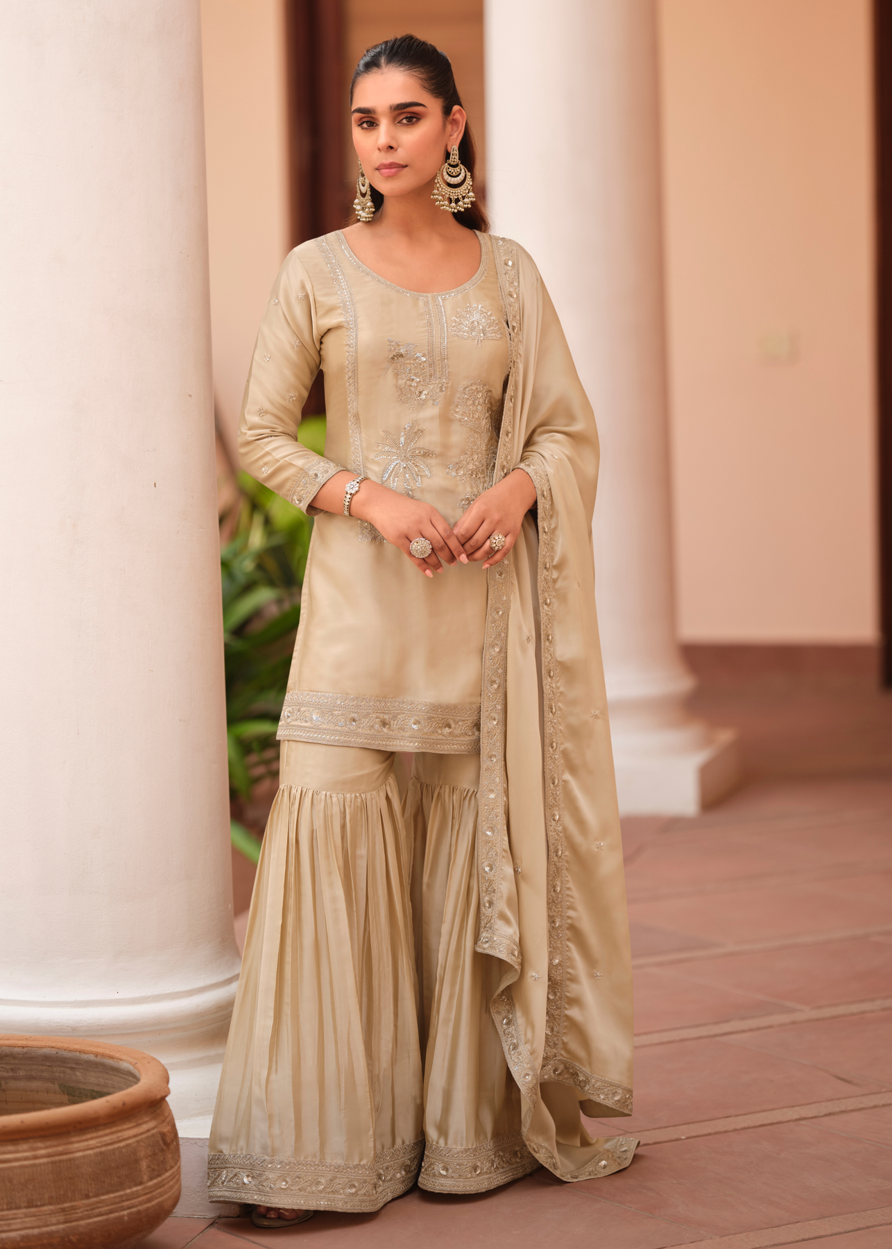 Champagne Beige Satin Silk Sharara Suit M