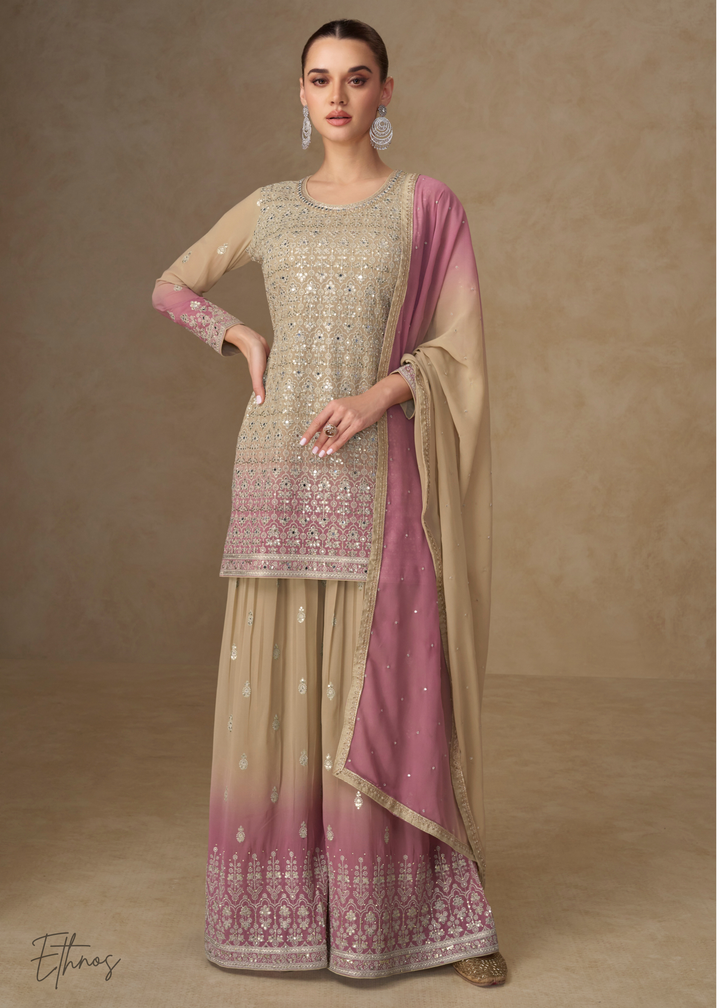 Beige Gold And Mauve Pink Georgette Salwar Suit